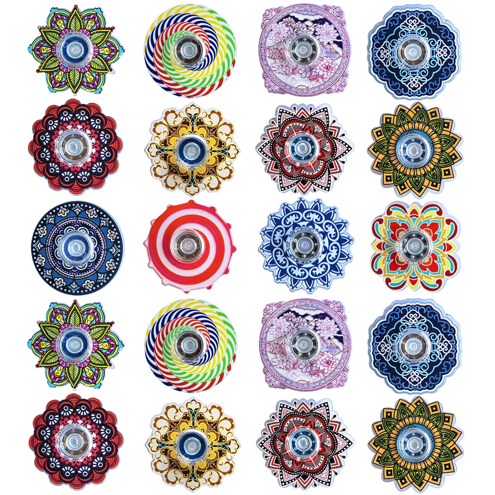 MYREQIA 25-pack fidget spinners with assorted patterns for stress relief and focus.