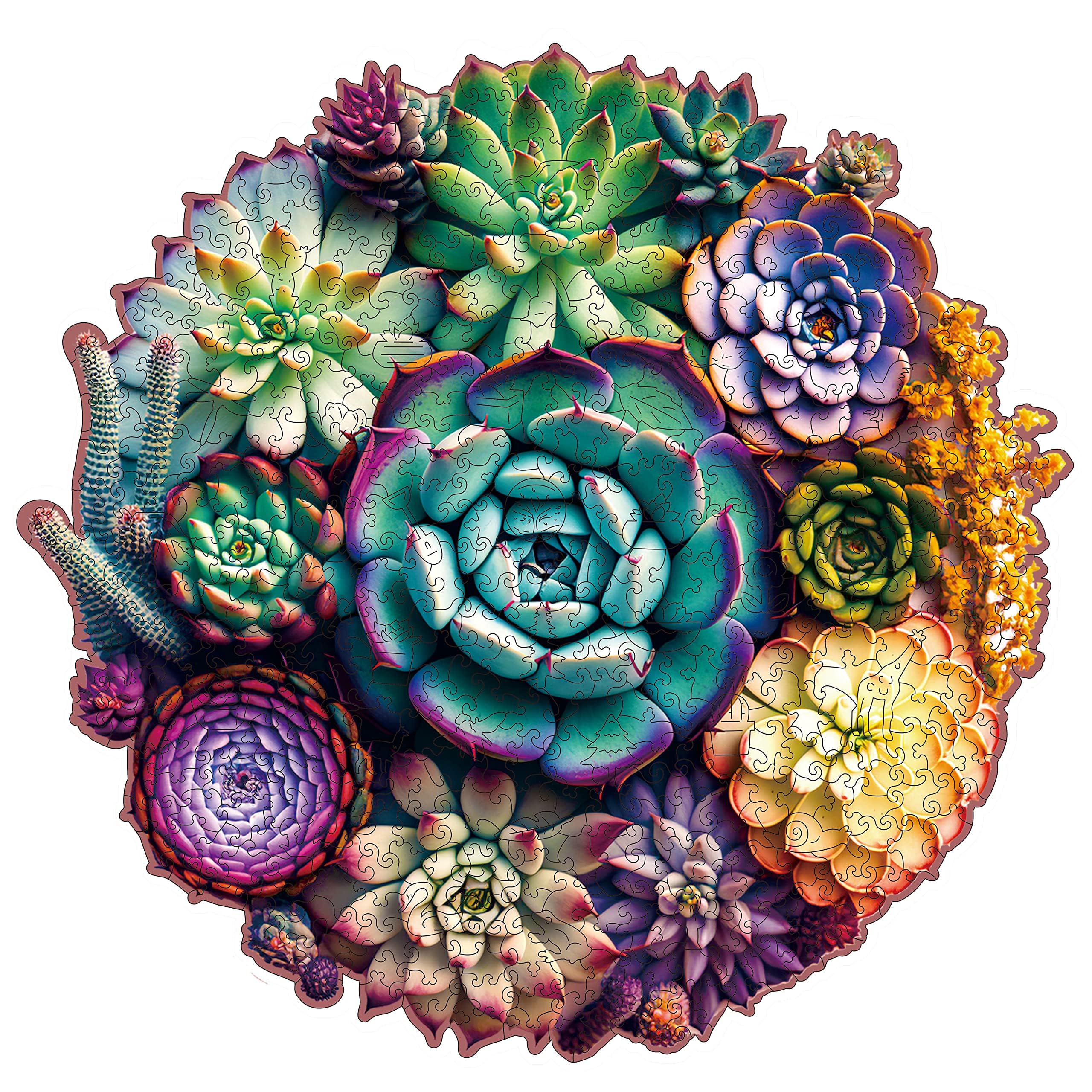 Mys Aurora 1000-piece puzzle with mandala succulent design in wooden form for mindful focus.