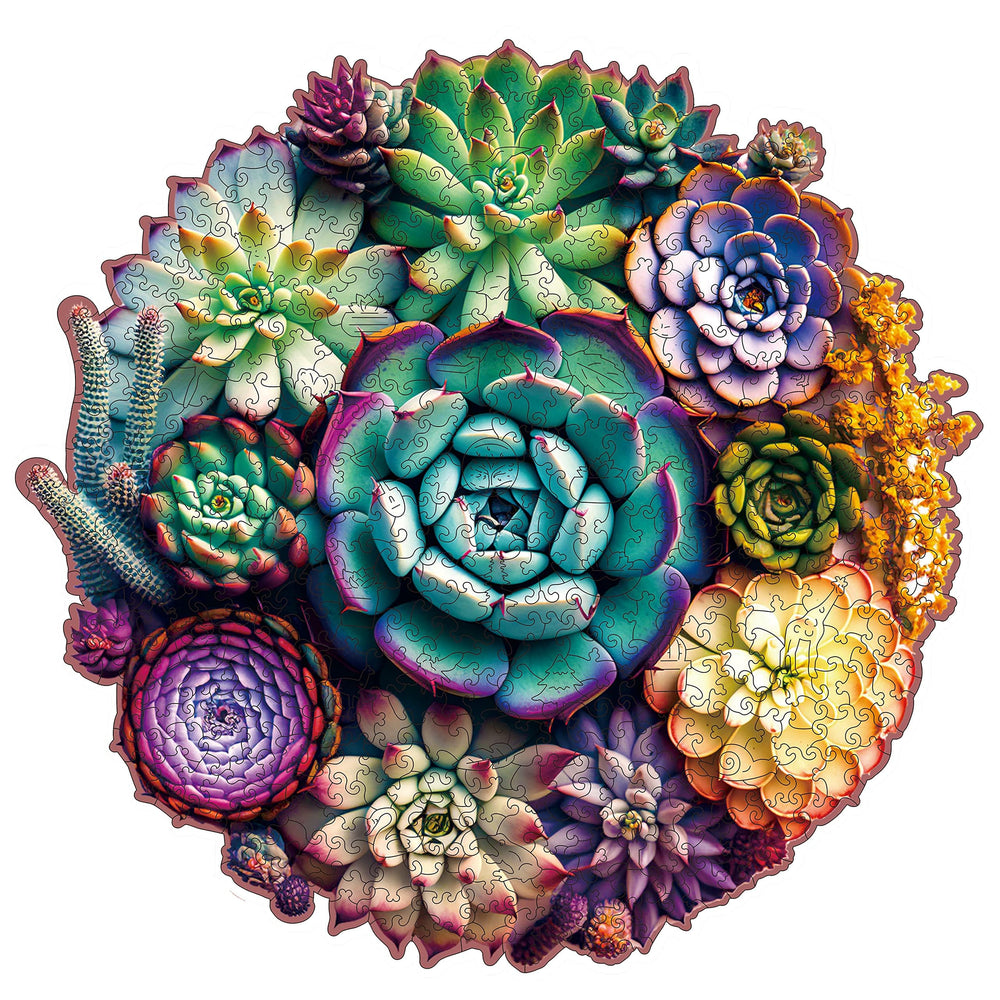Mys Aurora 1000-piece puzzle with mandala succulent design in wooden form for mindful focus.
