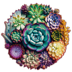 Mys Aurora 1000-piece puzzle with mandala succulent design in wooden form for mindful focus.