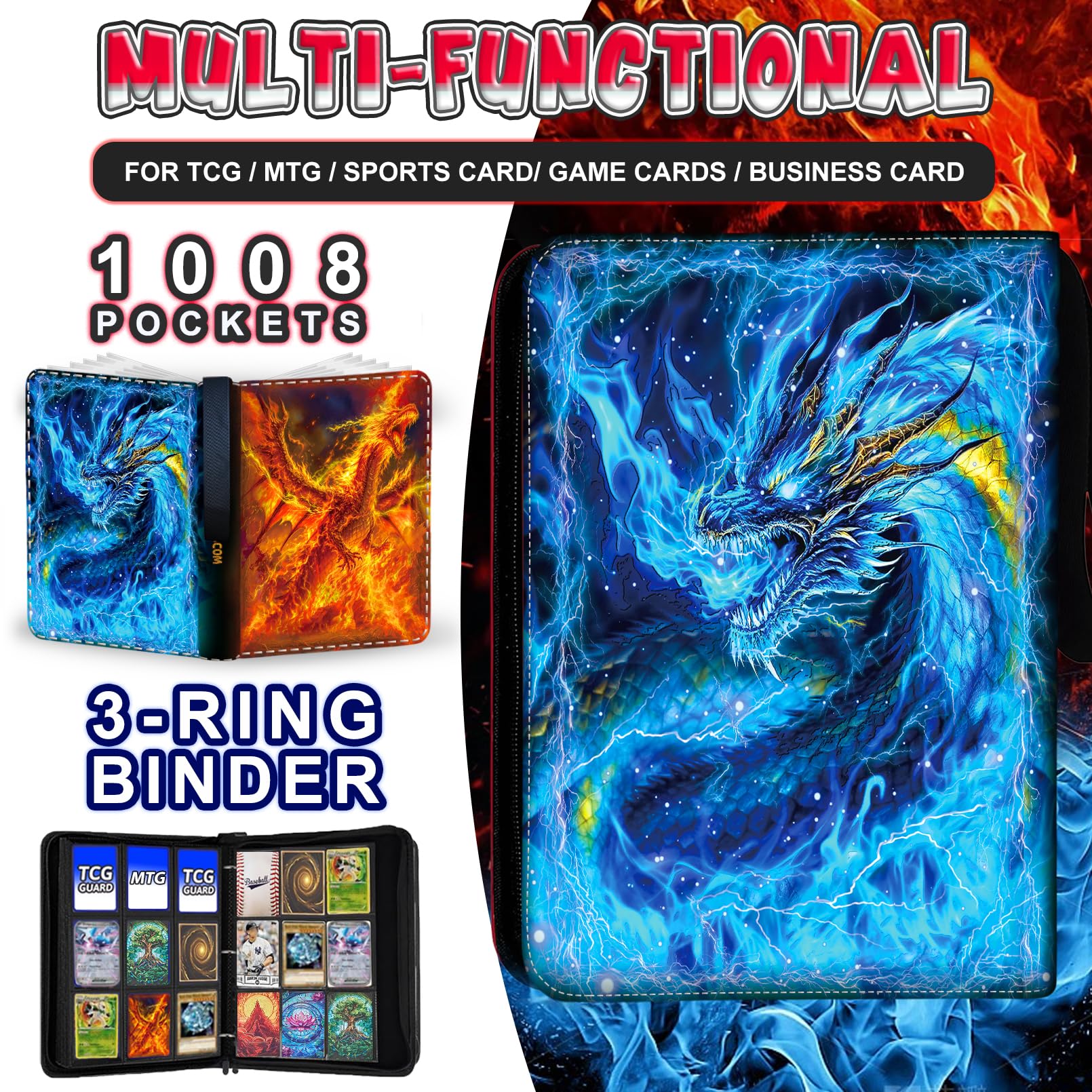 MYTCG 1008 binder open with removable sleeves demonstrates 9-pocket HD storage.