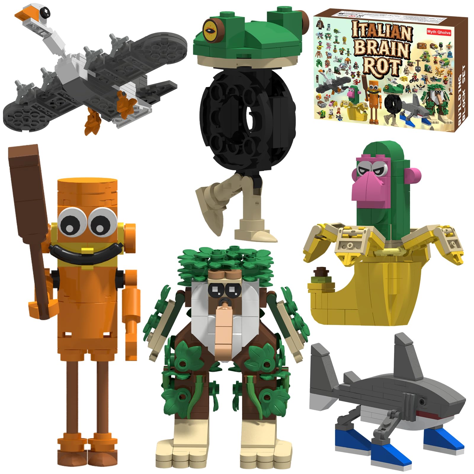 Myth Qholve banana-monkey building block figure promotes imaginative play and display.