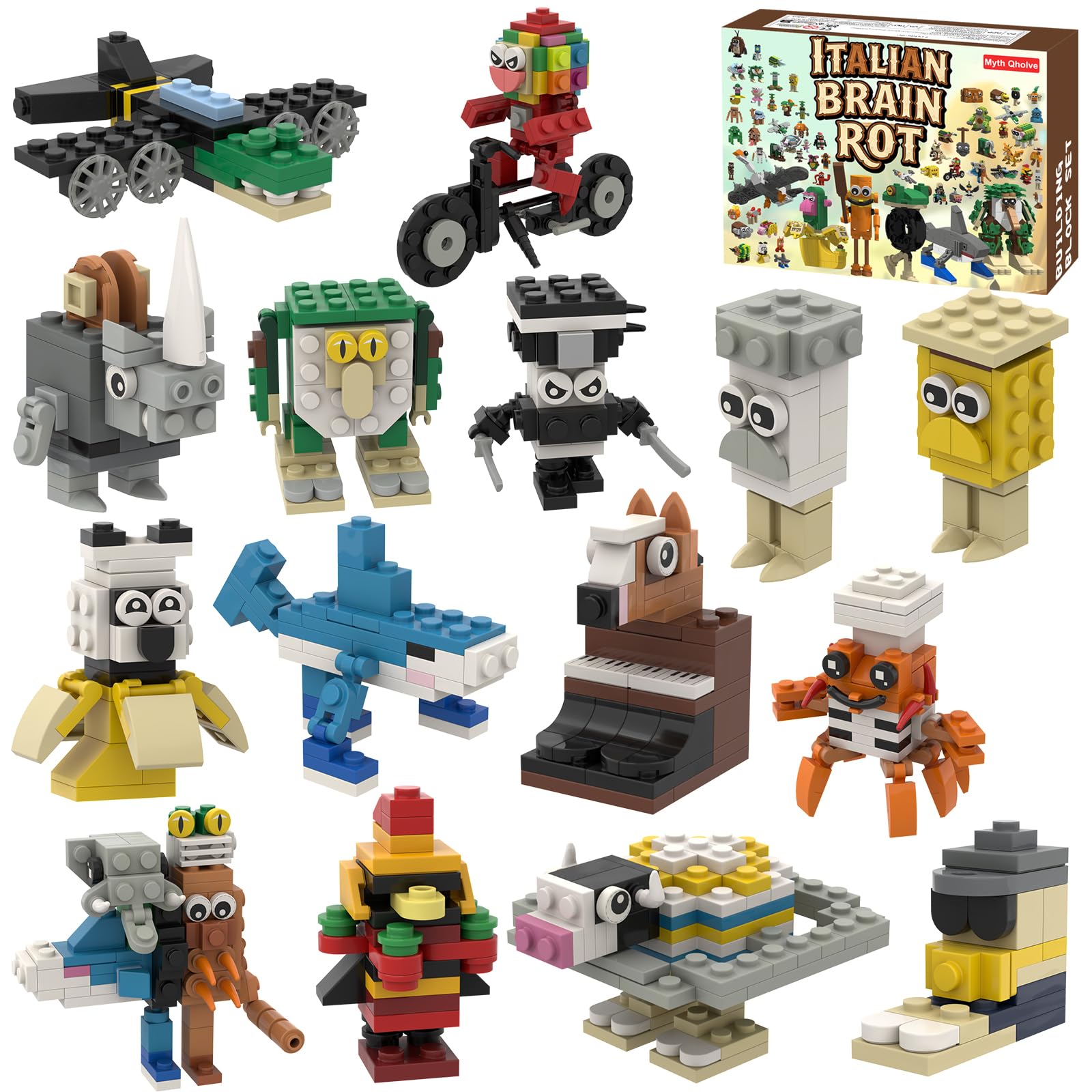 Myth Qholve Italian Brain Rot 16in1 figures displayed on a desk for playful inspiration.