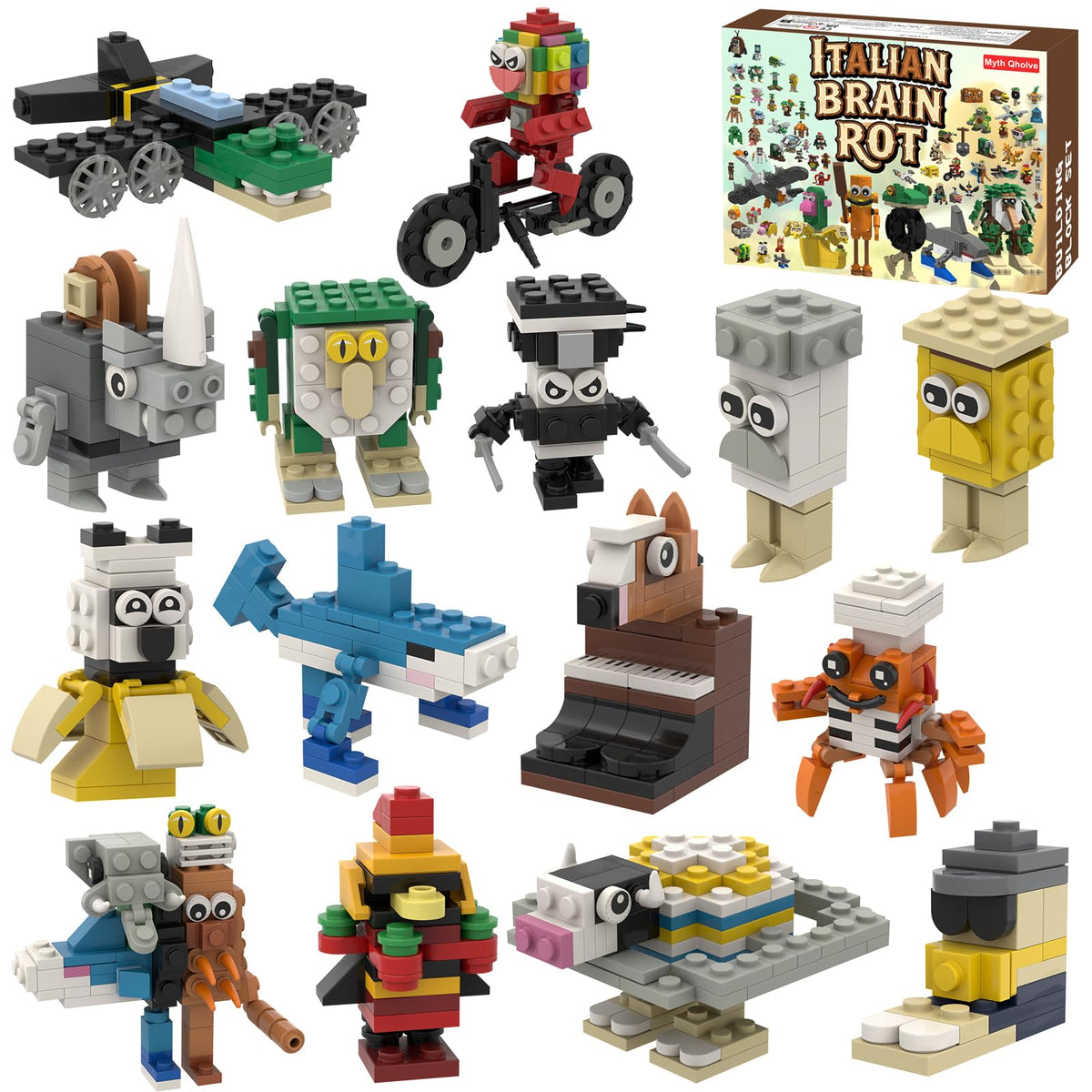Myth Qholve Italian Brain Rot 16in1 figures displayed on a desk for playful inspiration.