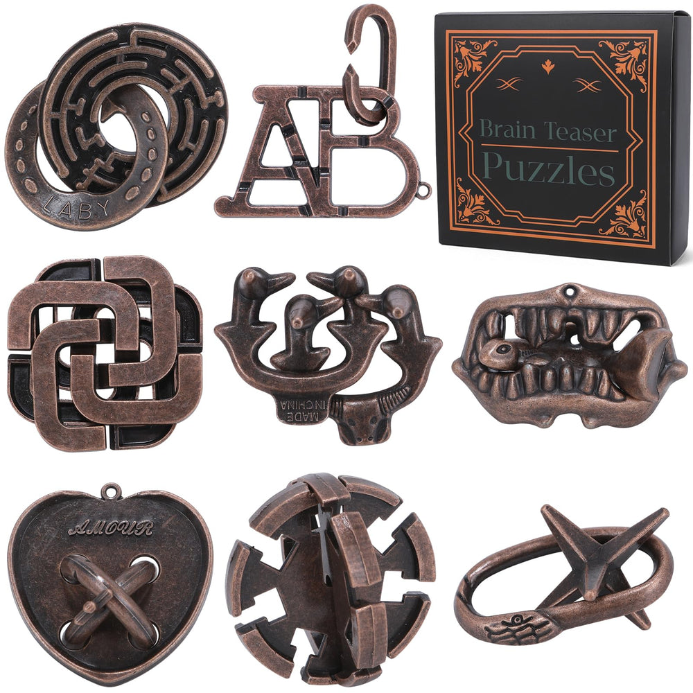 Mytothfy 8-piece brain teaser puzzles for adults, portable mental challenge.