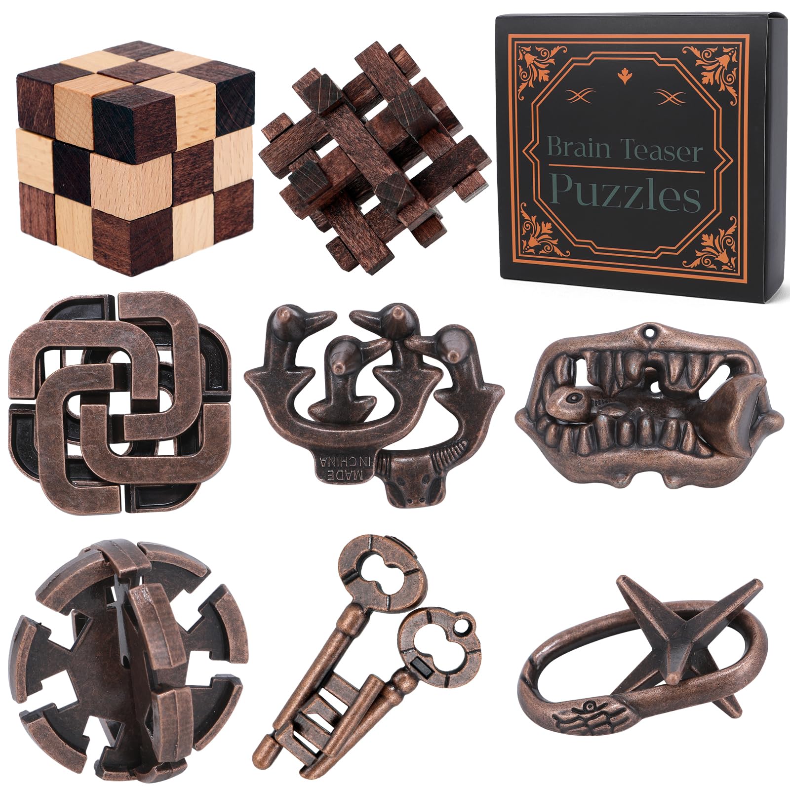 Mytothfy 8-piece wooden brain teaser set for focused problem solving