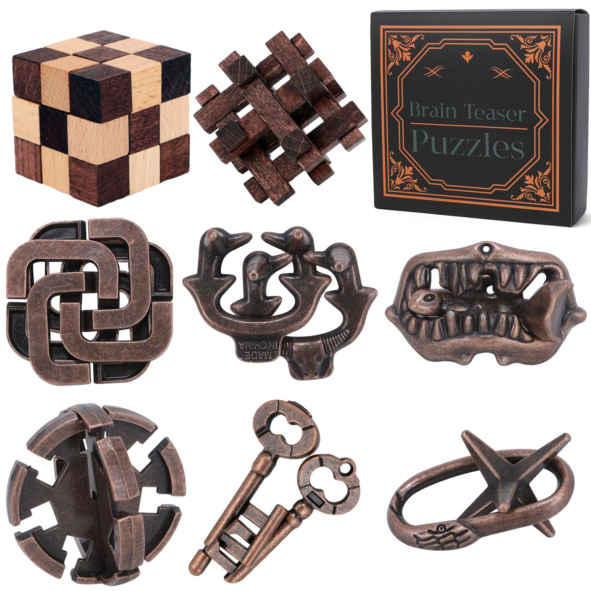 Mytothfy 8-piece wooden brain teaser set for focused problem solving