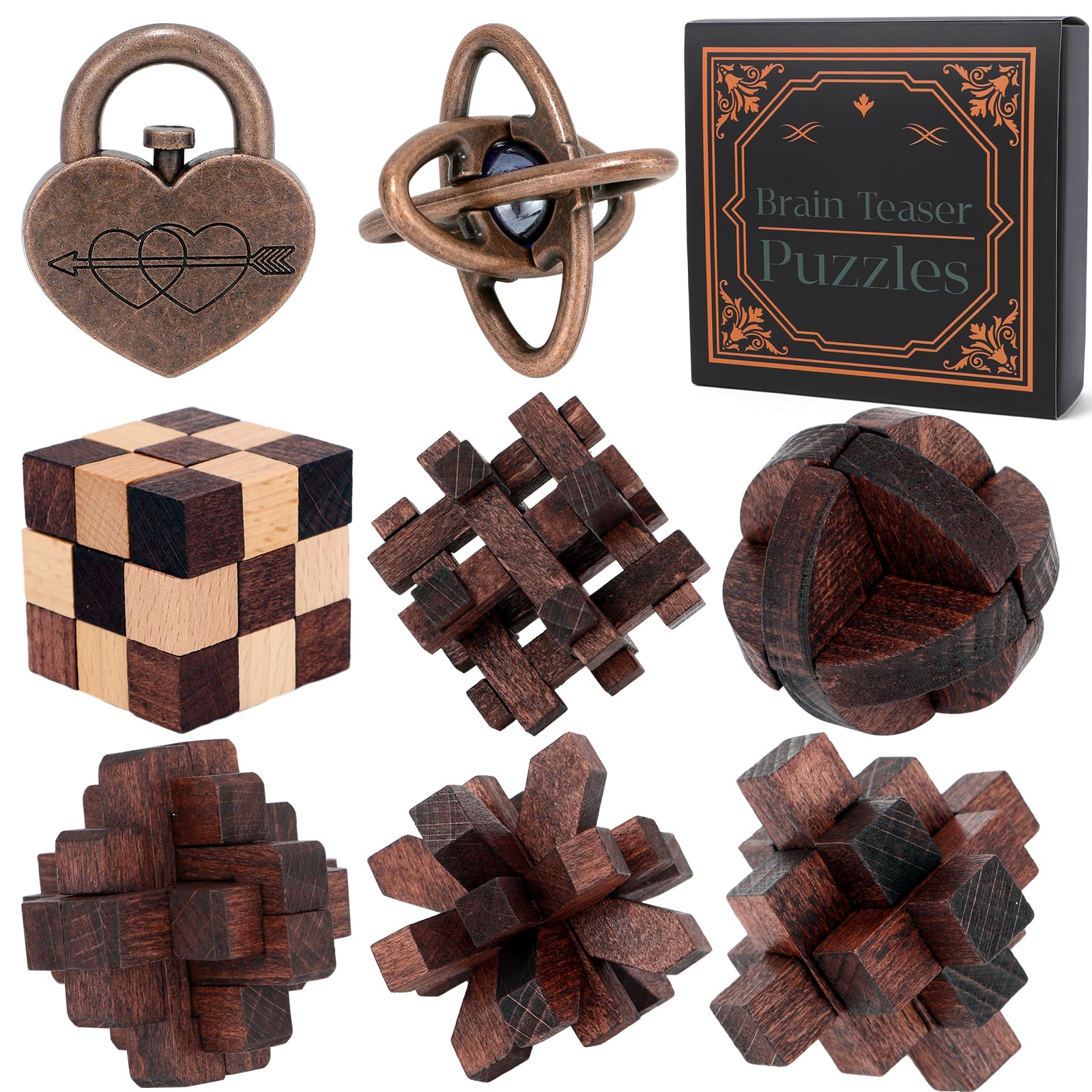 Mytothfy brain teaser puzzle in wooden and metal eight-piece set for focused thinking.