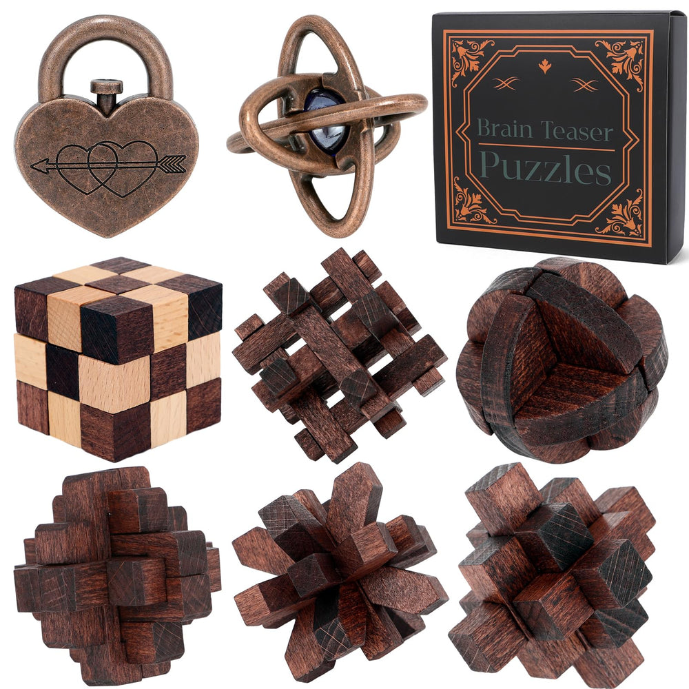 Mytothfy brain teaser puzzle in wooden and metal eight-piece set for focused thinking.