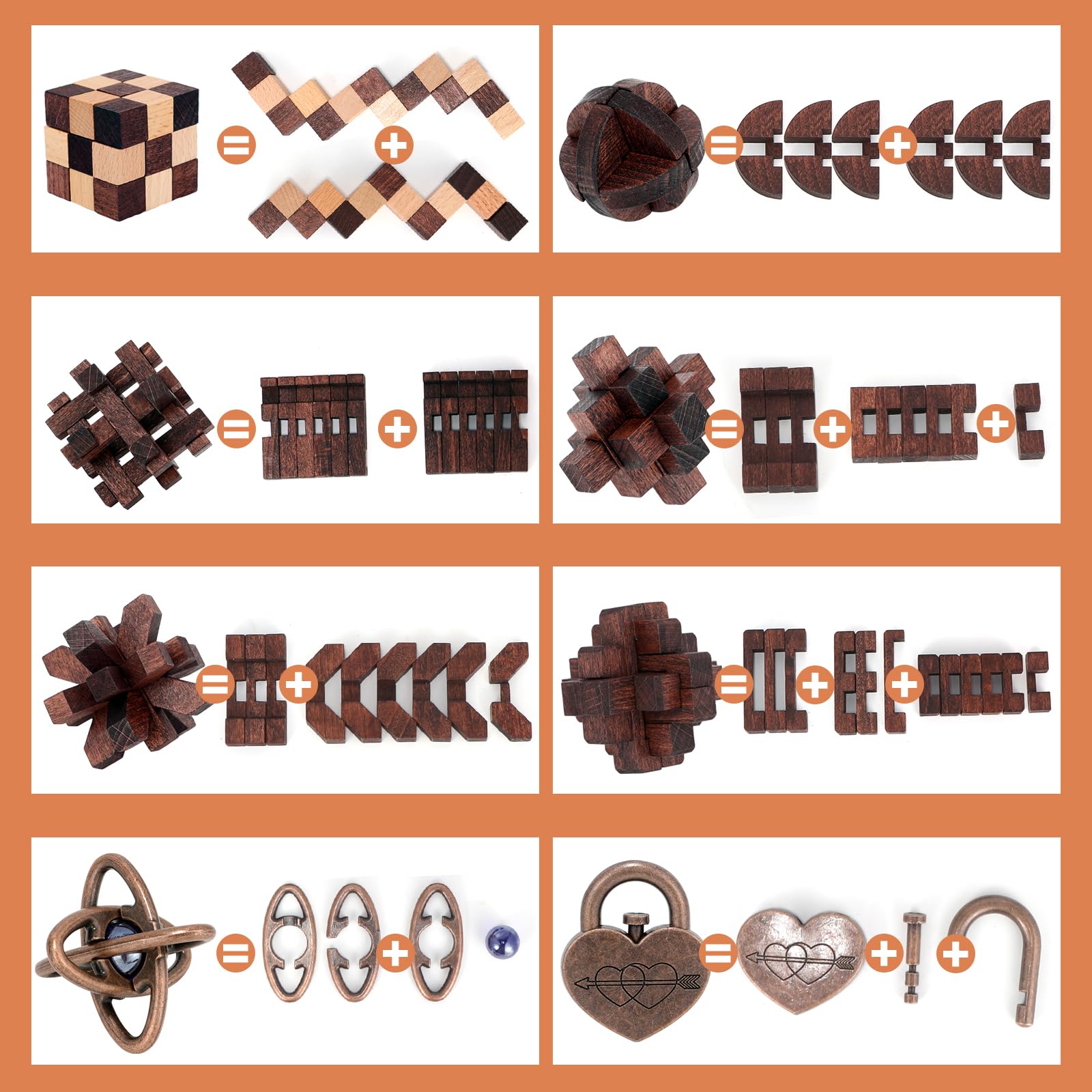 Mytothfy brain teaser puzzle in wooden and metal eight-piece set for portable problem solving.