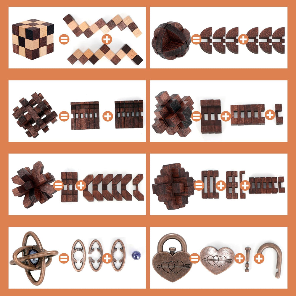 Mytothfy brain teaser puzzle in wooden and metal eight-piece set for portable problem solving.