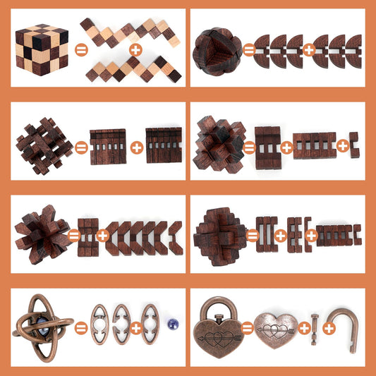 Mytothfy brain teaser puzzle in wooden and metal eight-piece set for portable problem solving.
