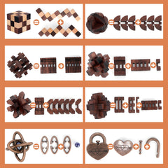 Mytothfy brain teaser puzzle in wooden and metal eight-piece set for portable problem solving.