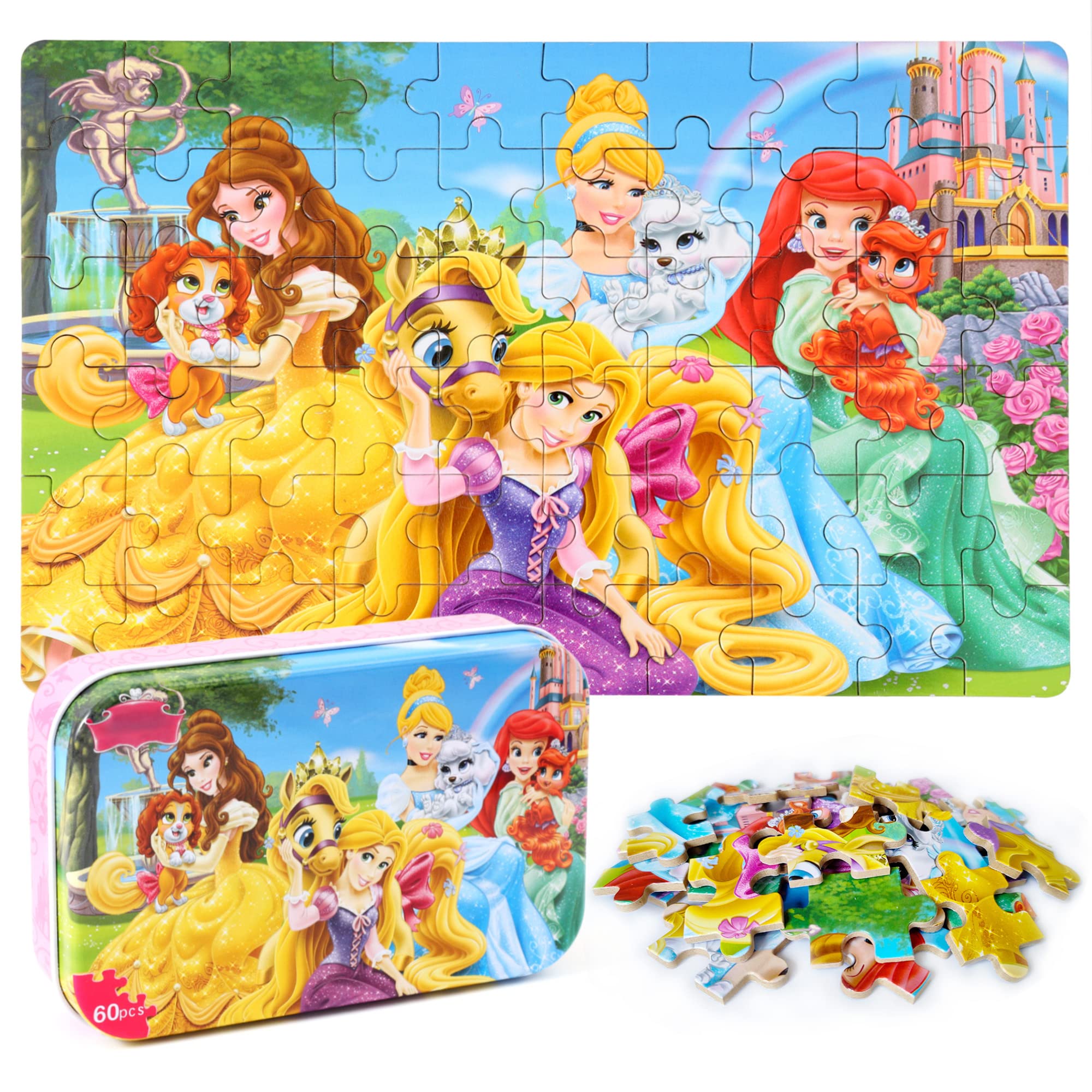MZZOTOY Princess puzzles in a metal box for easy storage and play.