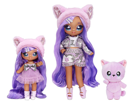 Na Na Na Surprise Lavender Kitty family box with two dolls and plush cat for gifting and display.