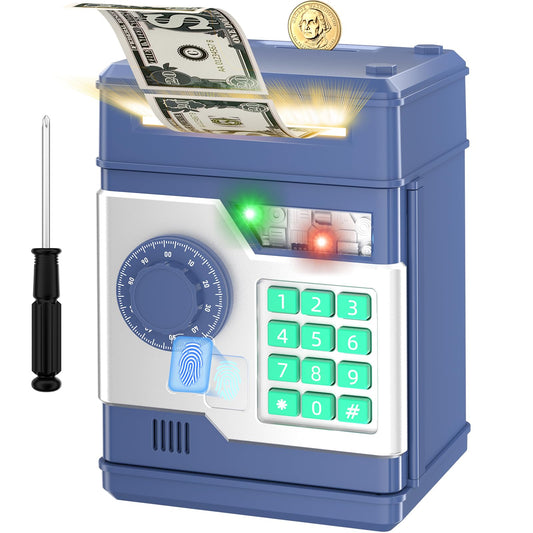 NAFEIV Kids piggy bank front view in navy showing inviting savings design.