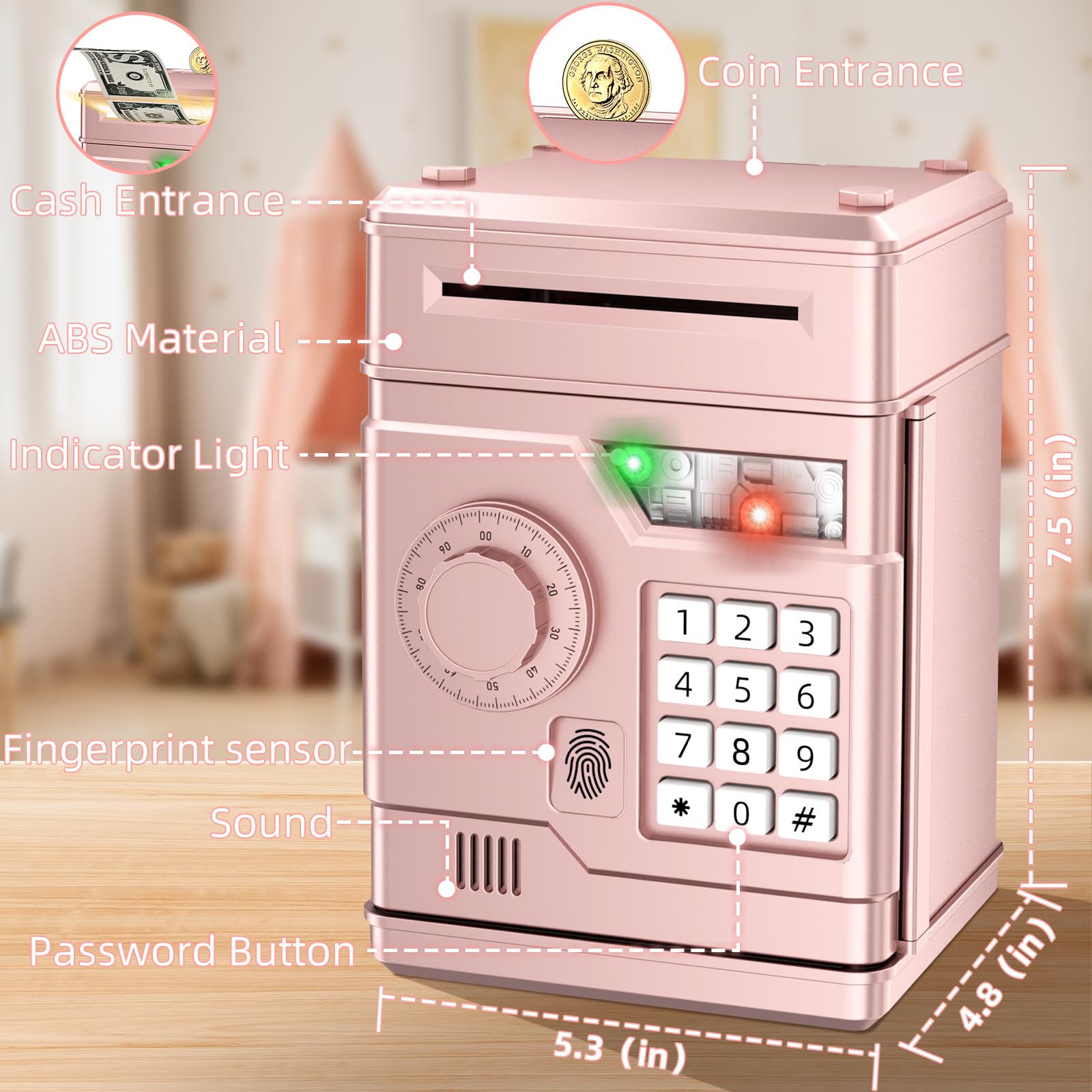 NAFEIV Kids Piggy Bank coin-slot demonstrates easy money insertion for ages 3-8.