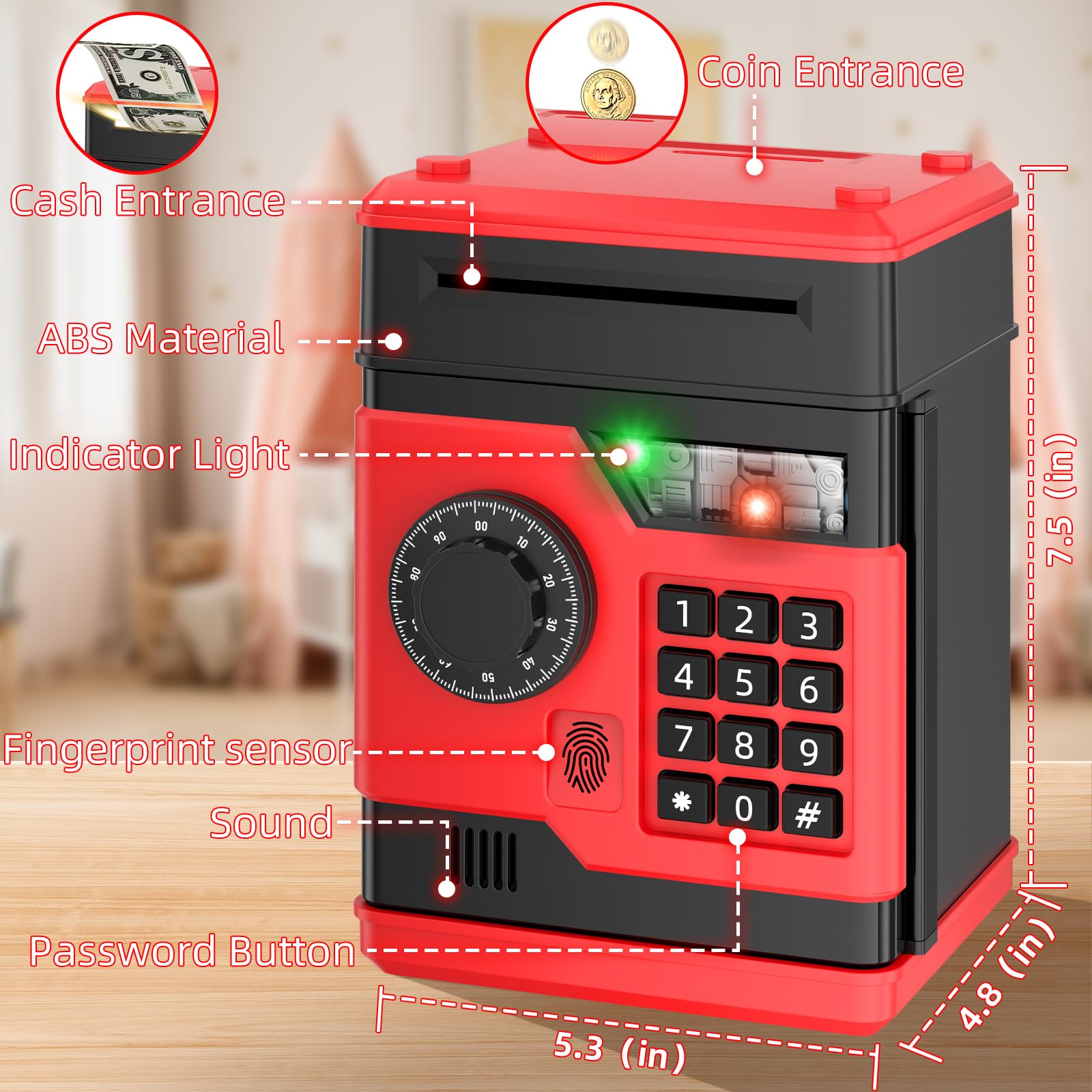 NAFEIV Piggy Bank shows fingerprint unlock for quick, secure access.