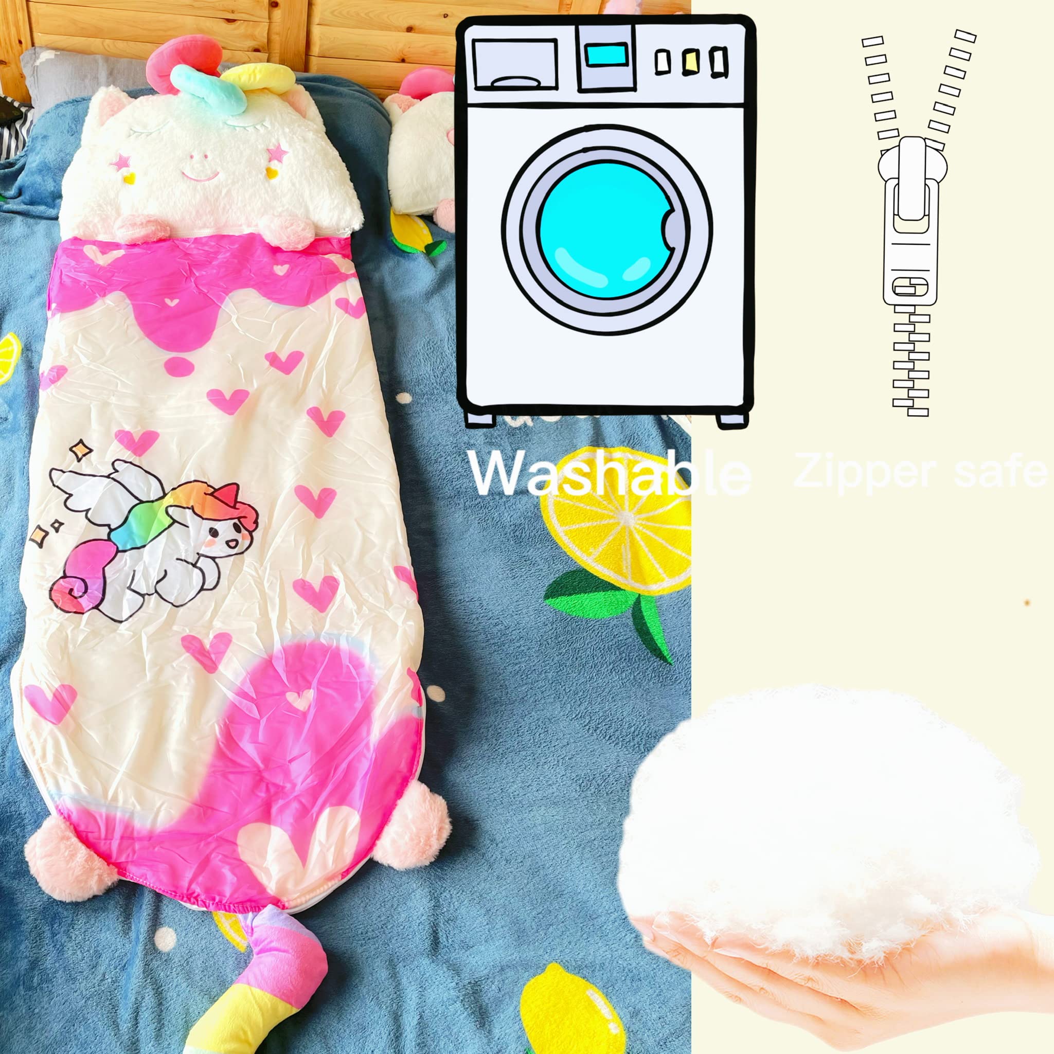 Nalexmi pink kids sleeping bag with heart rainbow design appeals to imaginative play