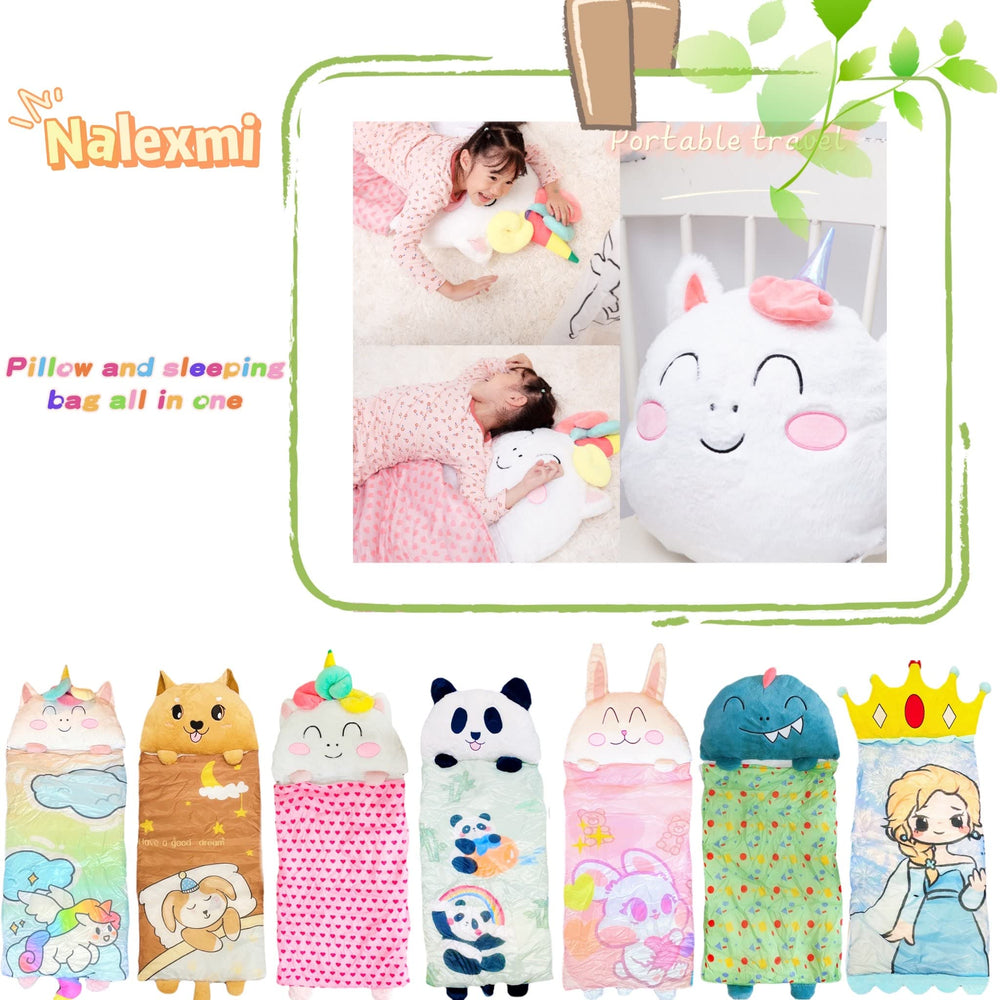 Nalexmi Happy Kids Sleeping Bag open for setup, showing roomy interior.