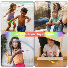 Namii W rubber chicken slingshot in action soaring across yard or room.
