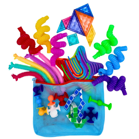 NAMUWASAE travel fidget set in blue carry bag for mess-free travel play