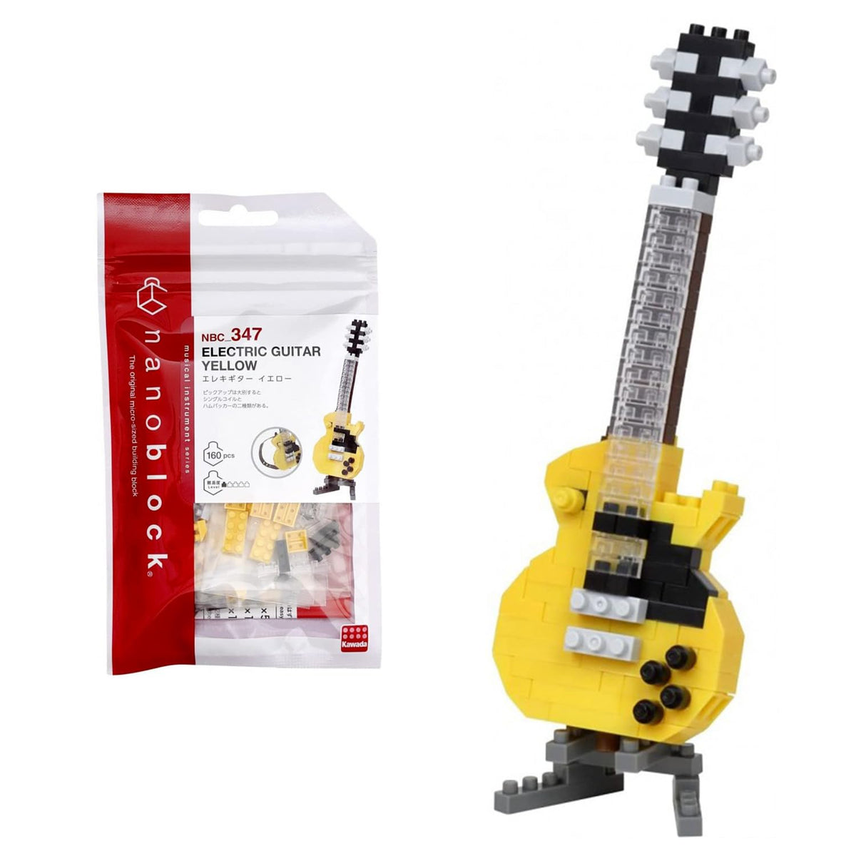 Nanoblock electric guitar yellow collection kit close-up showing tiny brick details.