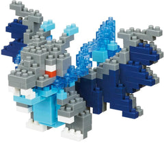 Nanoblock Pokemon Mega Charizard X front-view assembly showcases a tiny, detailed dragon figure for display