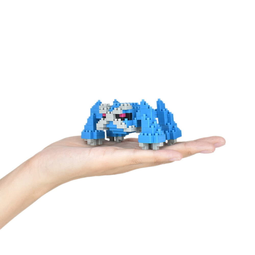 Nanoblock Metagross in-hand size suitable for travel or desk display.