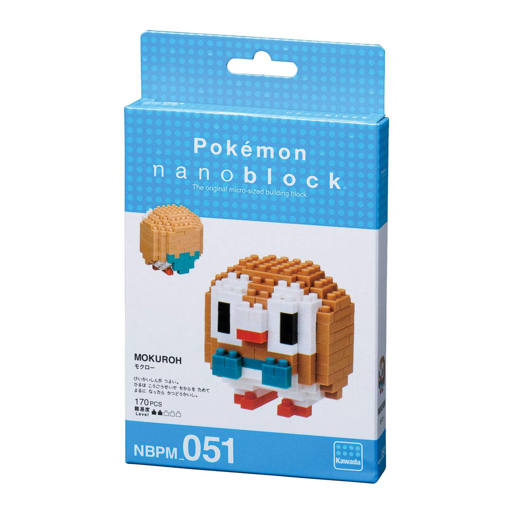 Nanoblock Rowlet model close-up for display-ready craftsmanship
