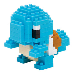 Nanoblock Squirtle Pokémon Series kit shown with tiny bricks for precise palm-sized display