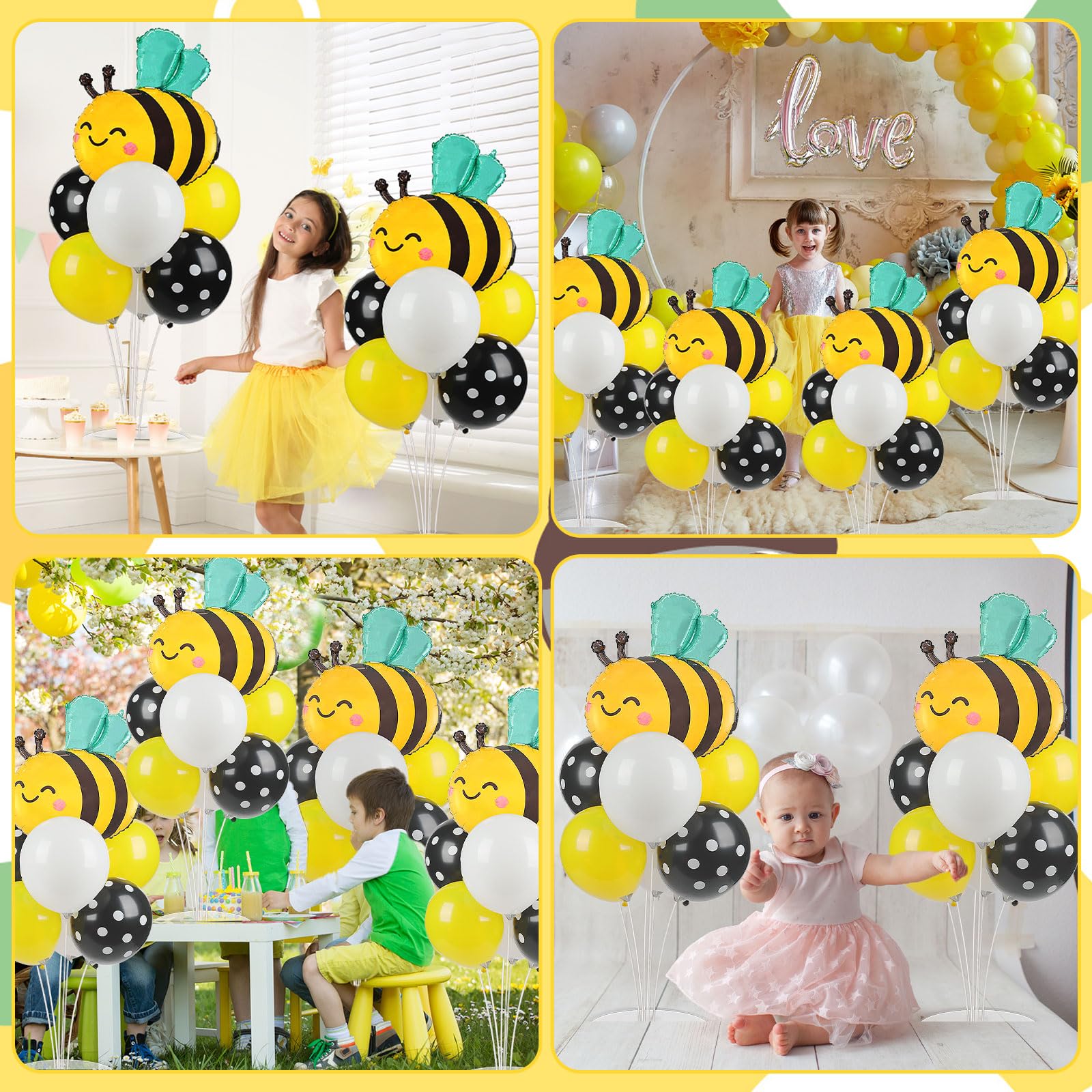 Naozinebi bee-themed table centerpiece stands supporting multiple balloons