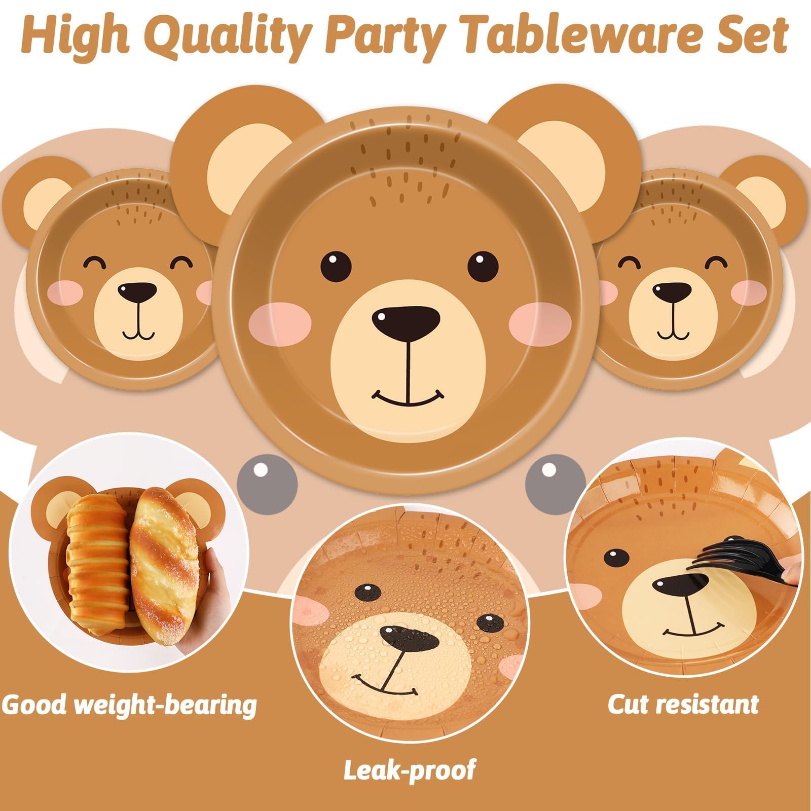Naozinebi brown theme baby shower tableware enhances rustic decor and coordinated serving.