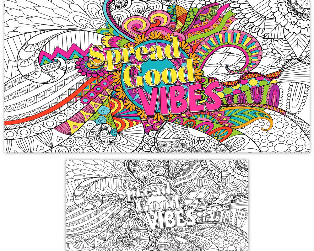 Naozinebi giant mandala poster on the floor inviting group coloring sessions.