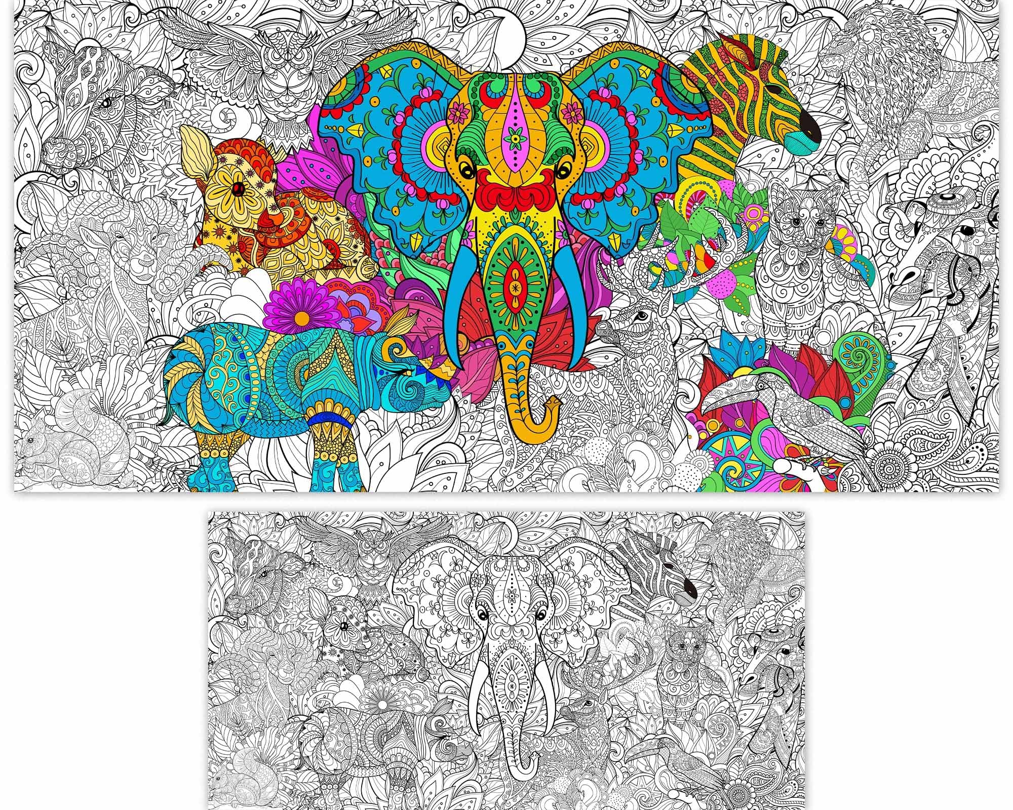 Naozinebi giant mandala elephant poster for kids coloring and classroom decor.