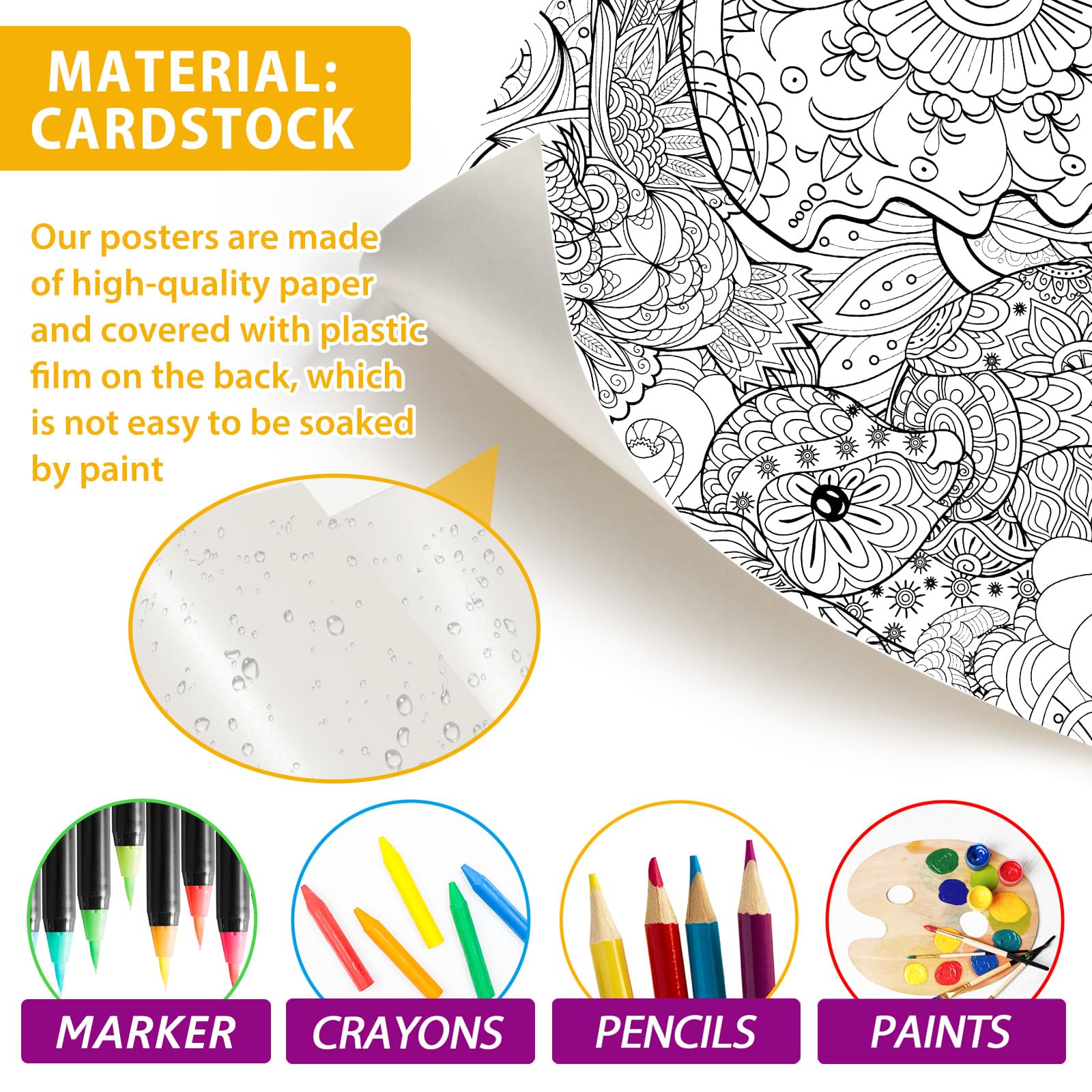 Naozinebi giant mandala rhino poster enhances group coloring activity.
