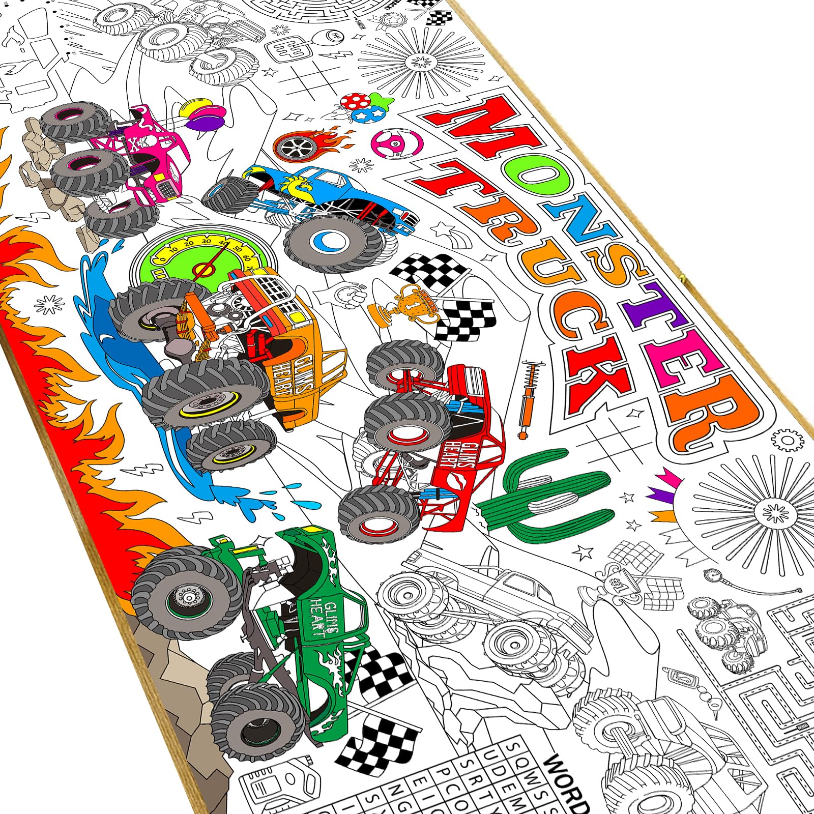 Naozinebi monster trucks coloring poster—large 80x180 cm for classroom decor and group coloring