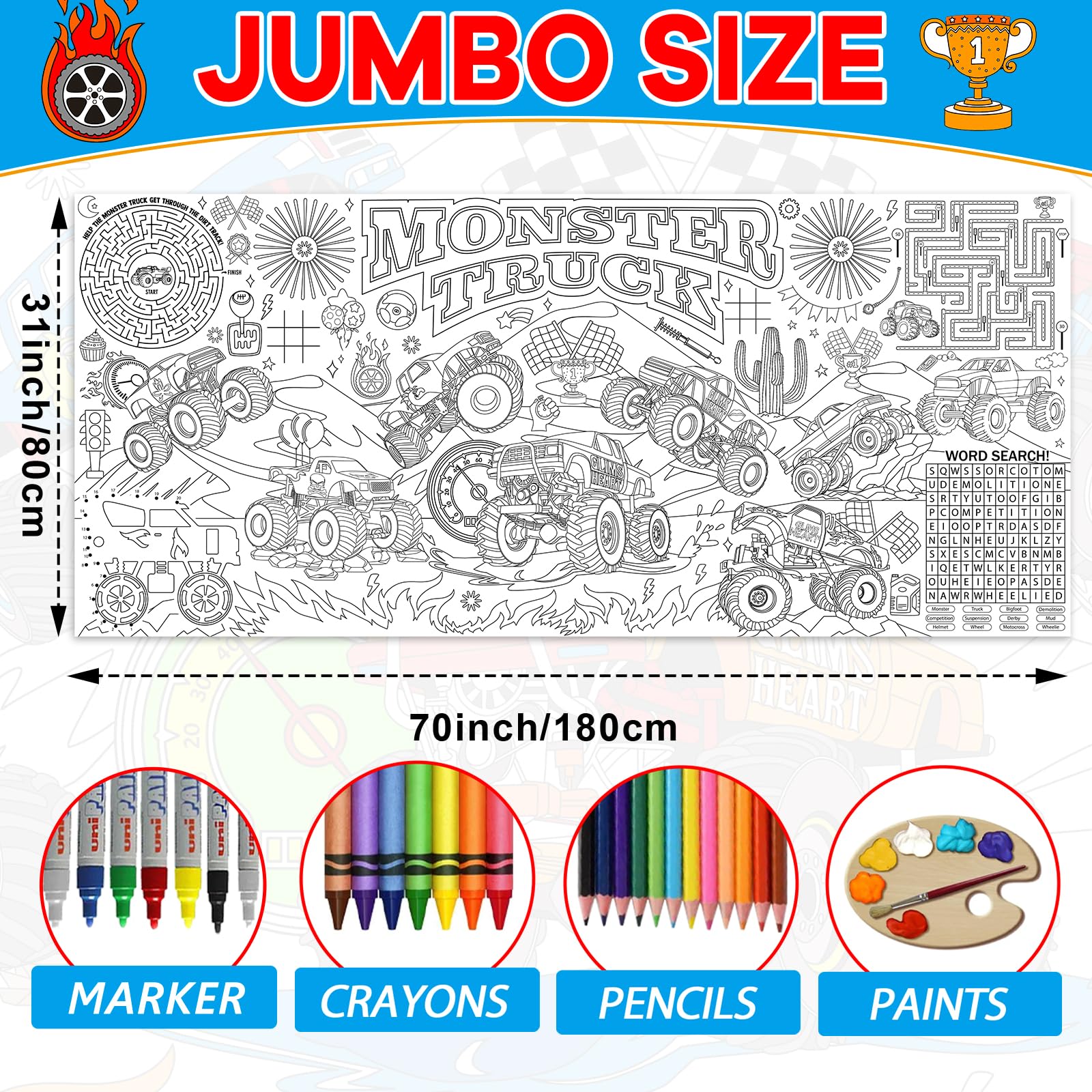 Naozinebi monster trucks coloring tablecloth—giant surface for DIY art with family