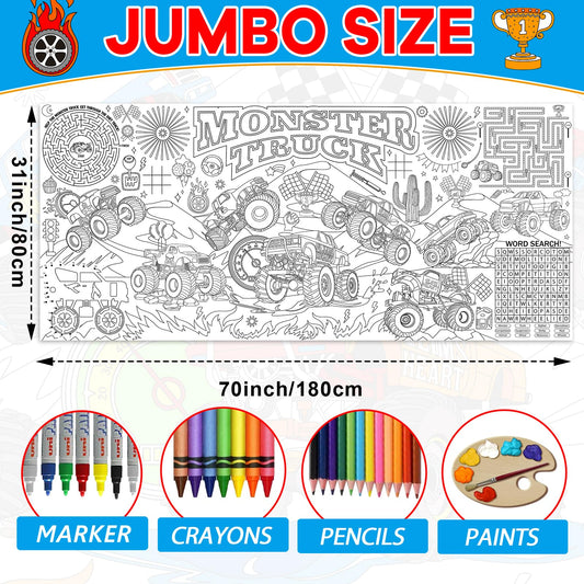 Naozinebi monster trucks coloring tablecloth—giant surface for DIY art with family