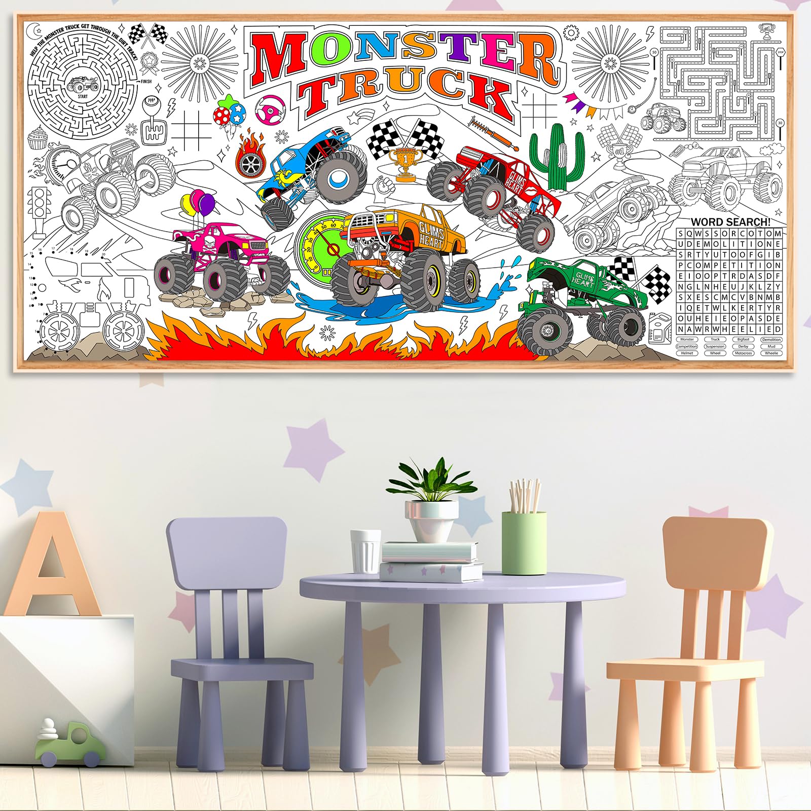 Naozinebi monster trucks poster material—durable, thick paper resists ink bleed