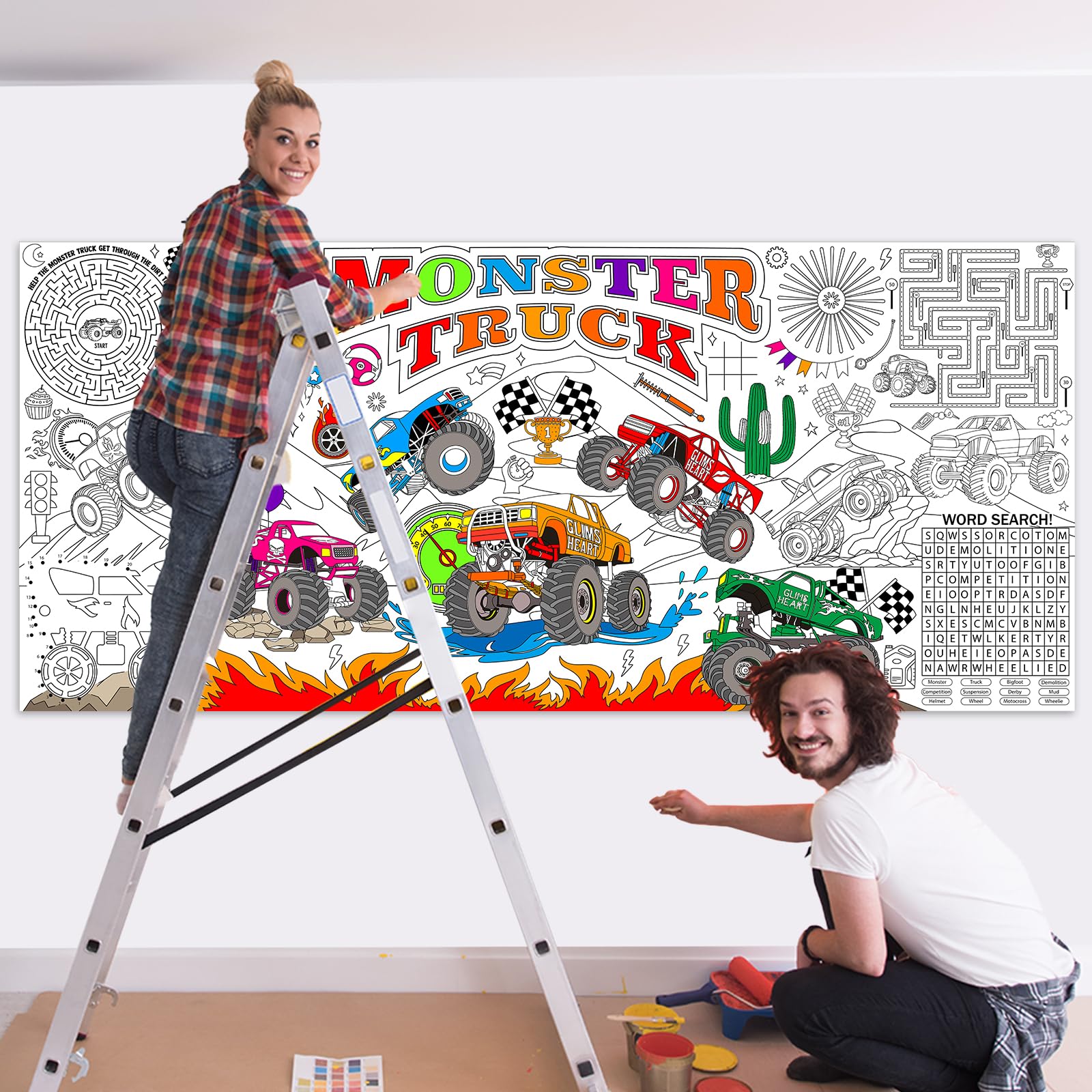 Naozinebi monster trucks graphics—trophy, traffic lights, and games to spark play