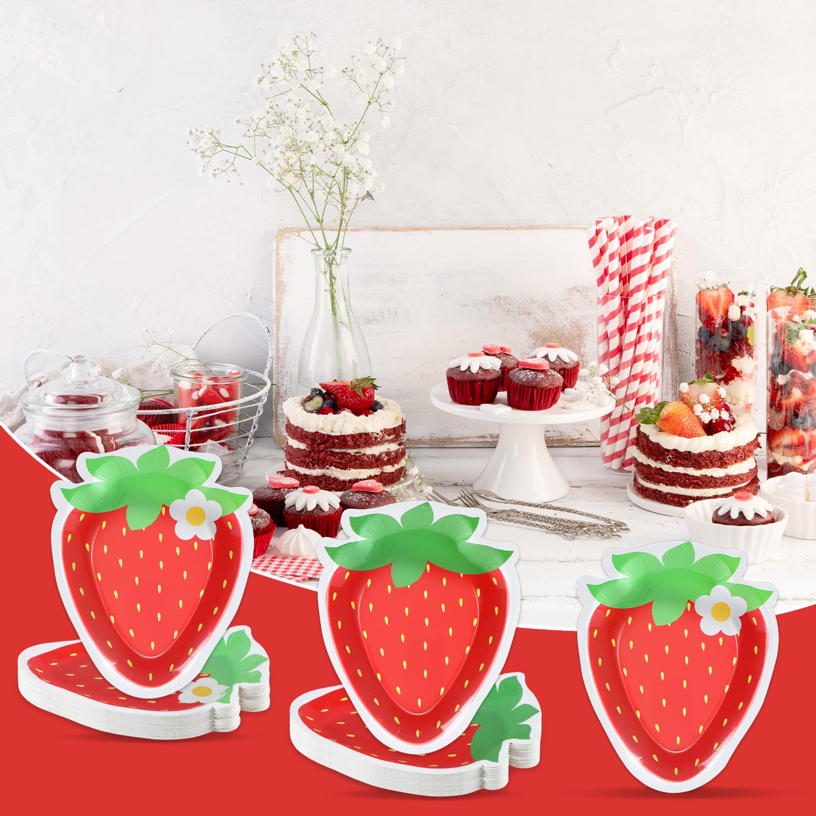 Naozinebi strawberry theme party table decor; adds color and charm.
