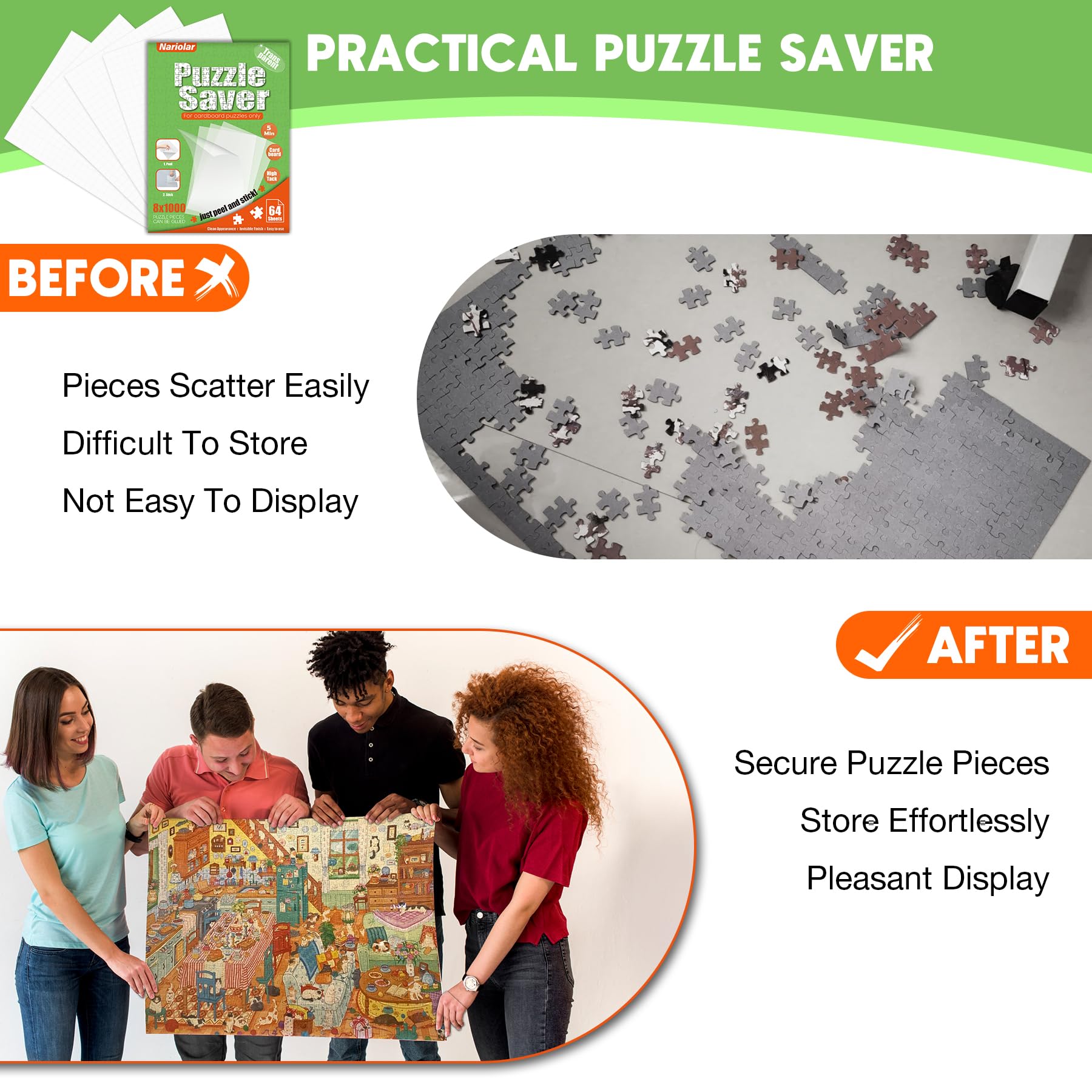 Nariolar Puzzle Saver Sheets on display for finished puzzles.