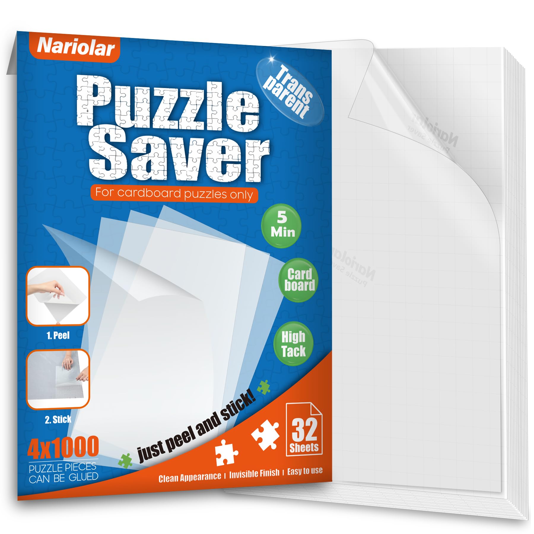 Nariolar ultra-adhesion puzzle sheets—secure finished puzzles with crystal-clear back visibility.