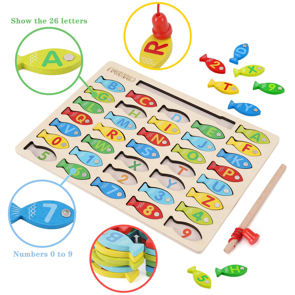 NASHRIO colorful fish pieces featuring letters and numbers for early literacy and numeracy.