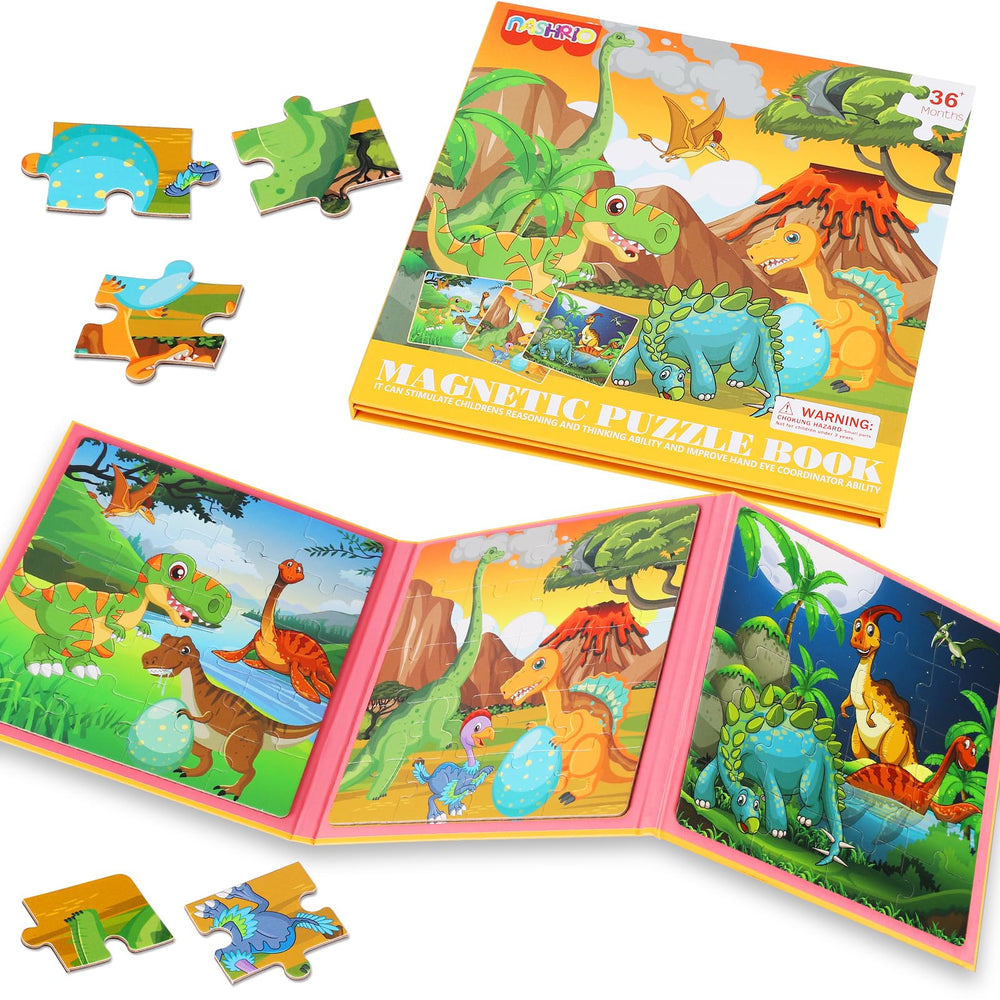 NASHRIO magnetic dinosaur puzzles 20-piece travel book shown for on-the-go learning.