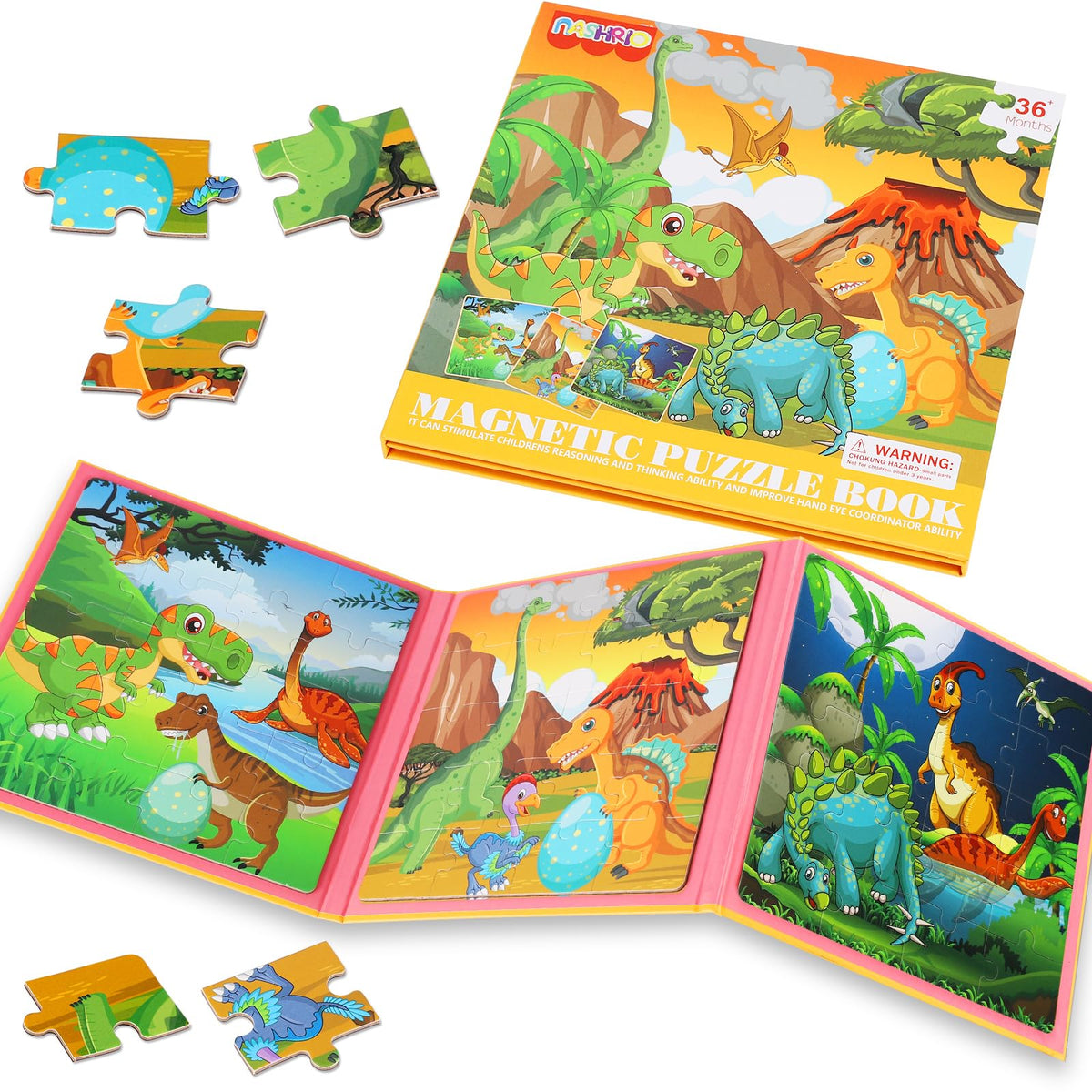 NASHRIO magnetic dinosaur puzzles 20-piece travel book shown for on-the-go learning.