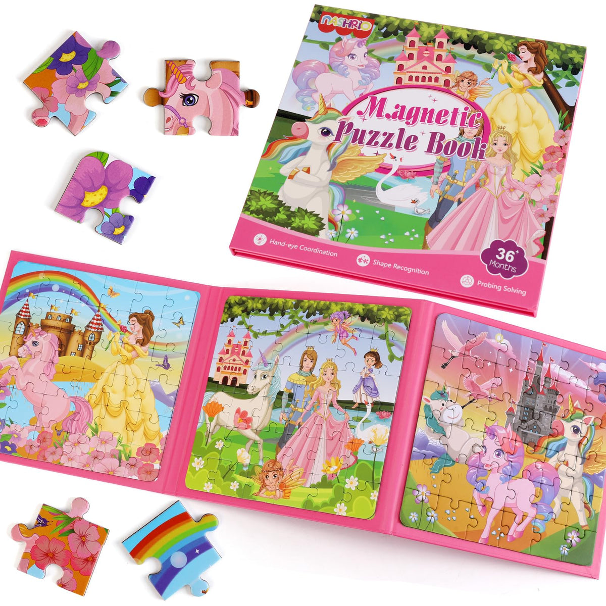 NASHRIO Princess Magnetic Puzzles show three 36-piece sets with vibrant princess scenes for imaginative play.