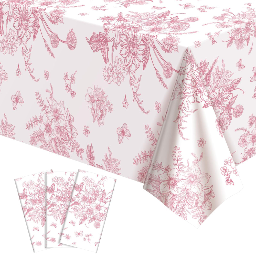 NatNarr 3-pack pink floral tablecloths laid out on a table for garden party setup