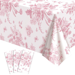 NatNarr 3-pack pink floral tablecloths laid out on a table for garden party setup